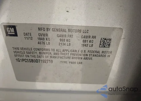 2013 Chevrolet Cruze 1Lt Auto from USA, damaged, VIN 1G1PC5SB9D7192719